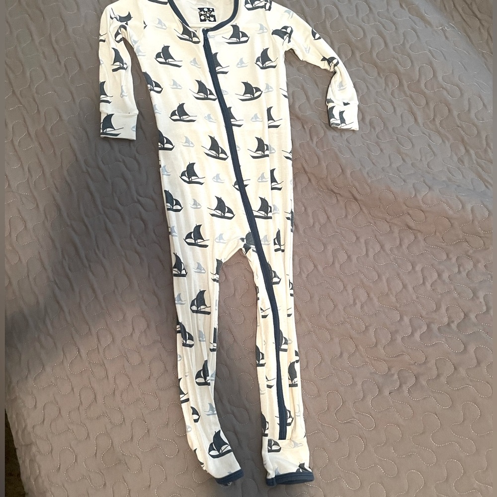 2T Kickee Pants Sailboats-Navy and White footless button pajamas